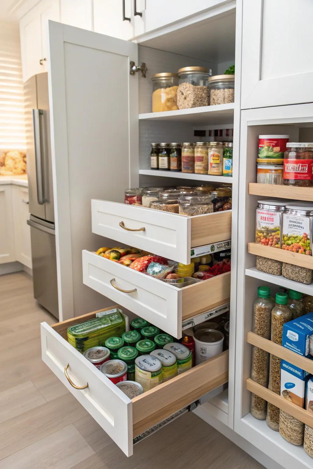 Pull-out pantry drawers offer easy access to items stored in the back.
