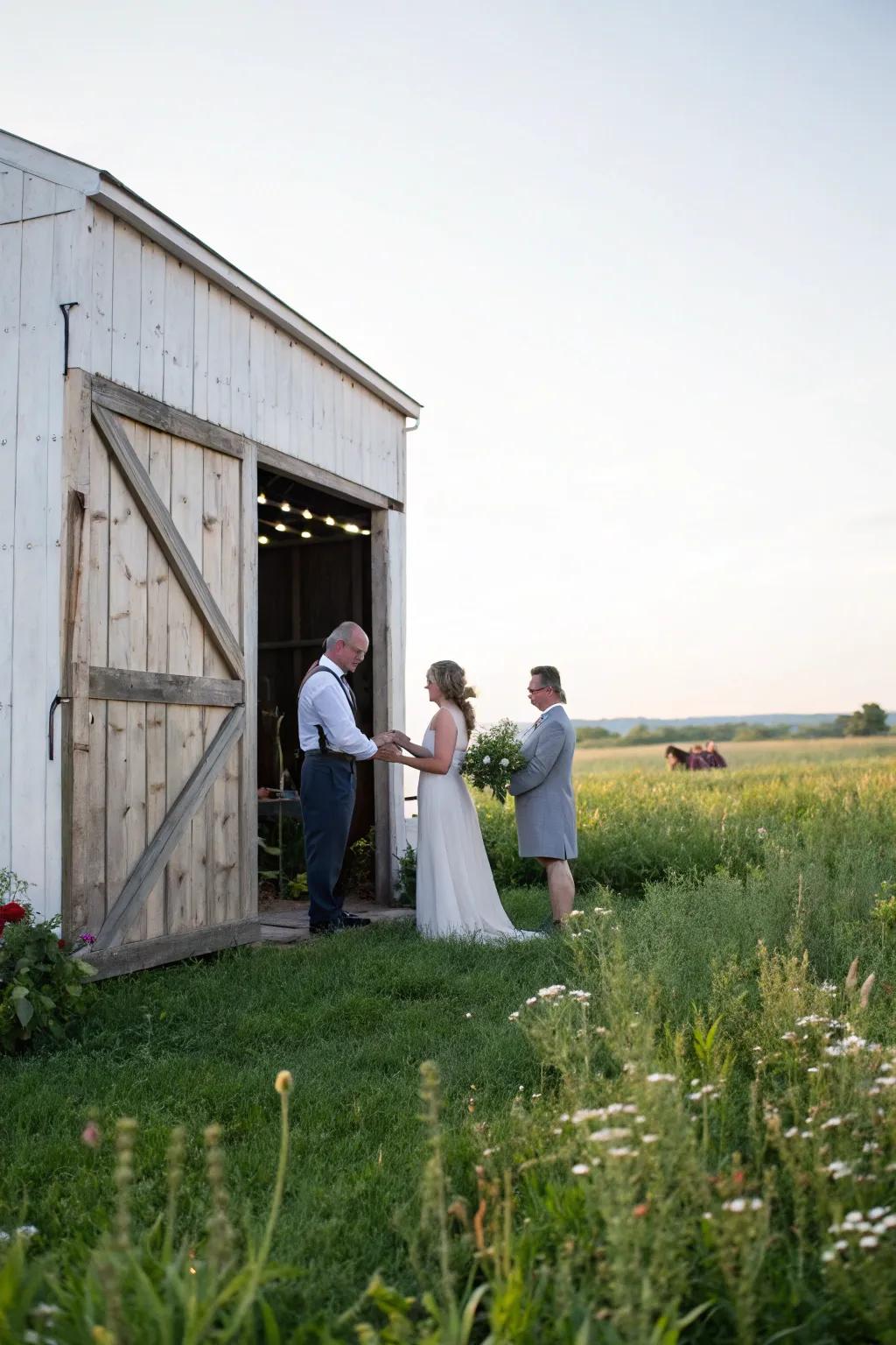 A barn door delivers a countryside backdrop for the ceremony.