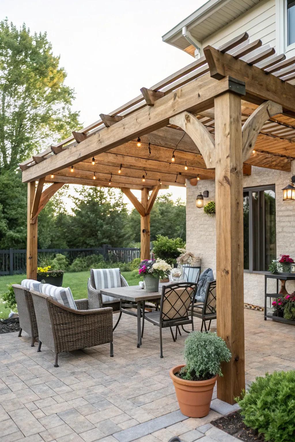 A wooden pergola providing shade over a patio.