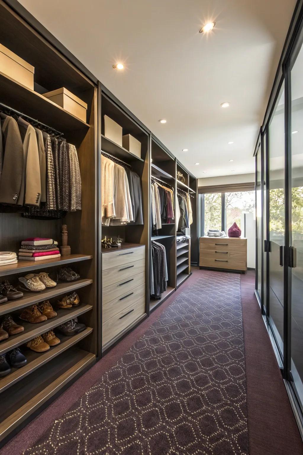Carpet tiles add luxury and practicality to walk-in closets.