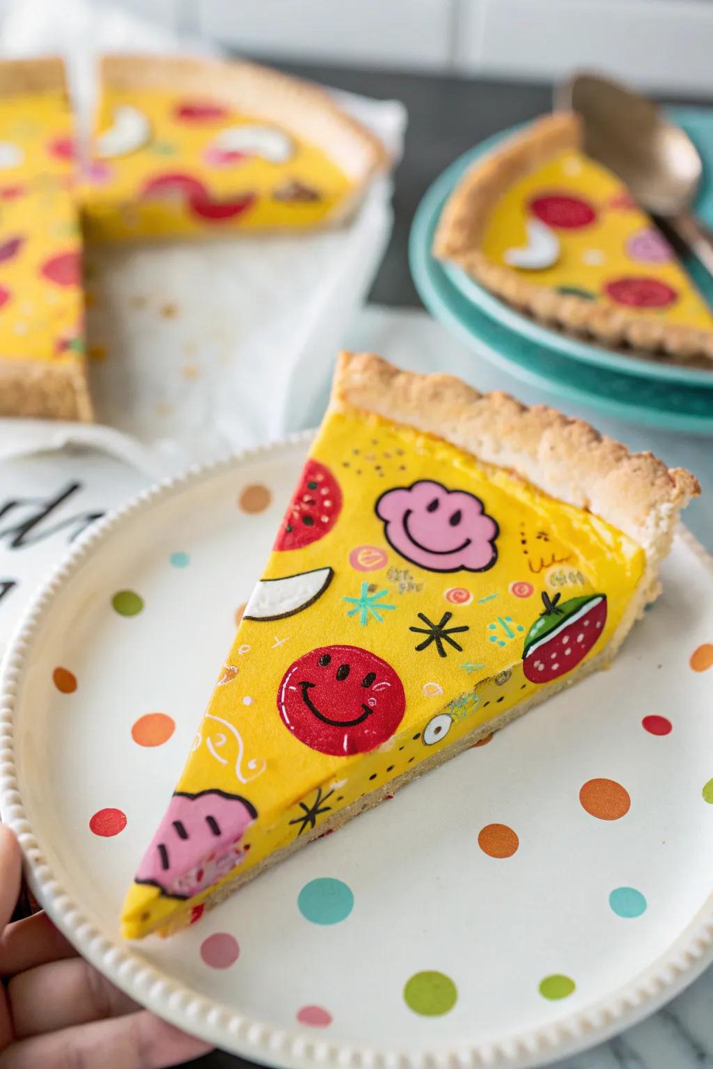 A pie slice with a cheerful presentation.