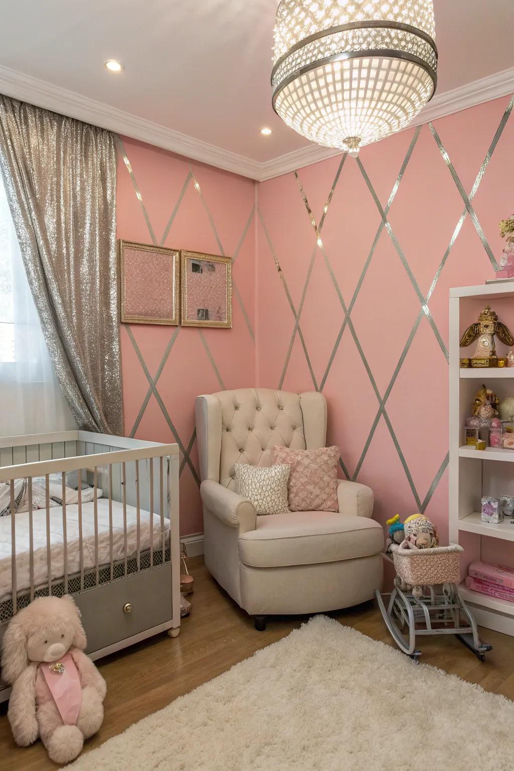 A glamorous nursery design that combines pink walls with shiny, metallic details.