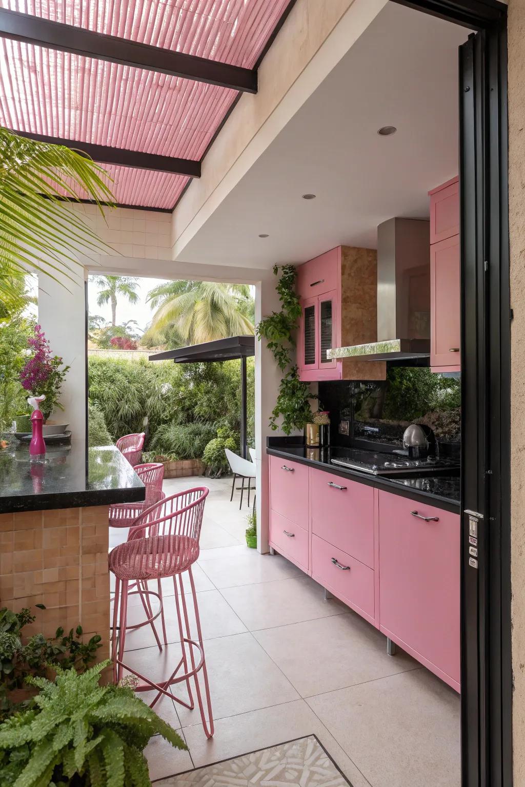 The kitchen's color scheme flows seamlessly into the outside area.