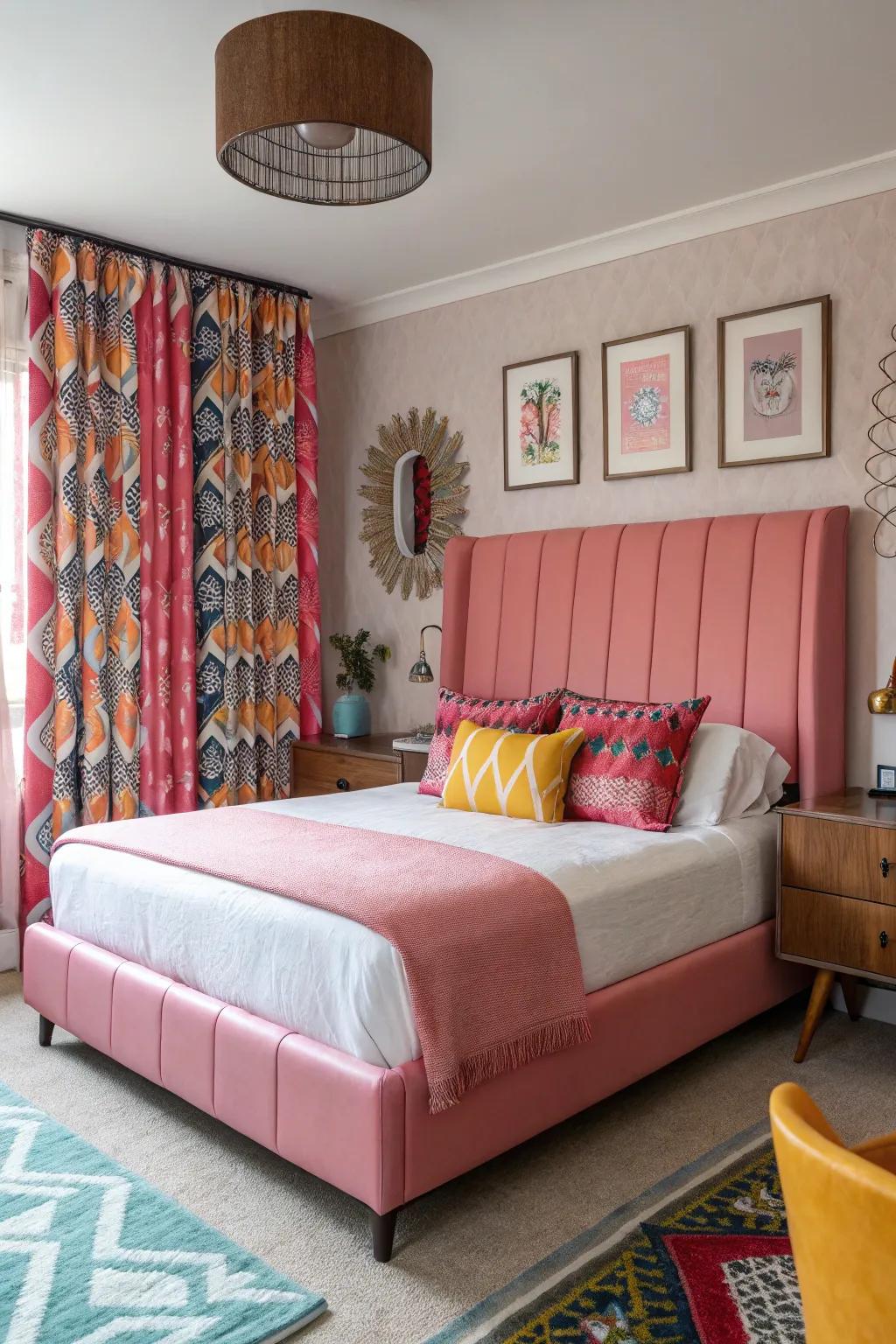 A retro-inspired bedroom with a pink leather headboard.