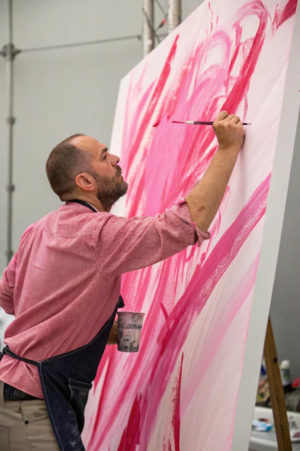 A dramatic expressionist painting in pink.