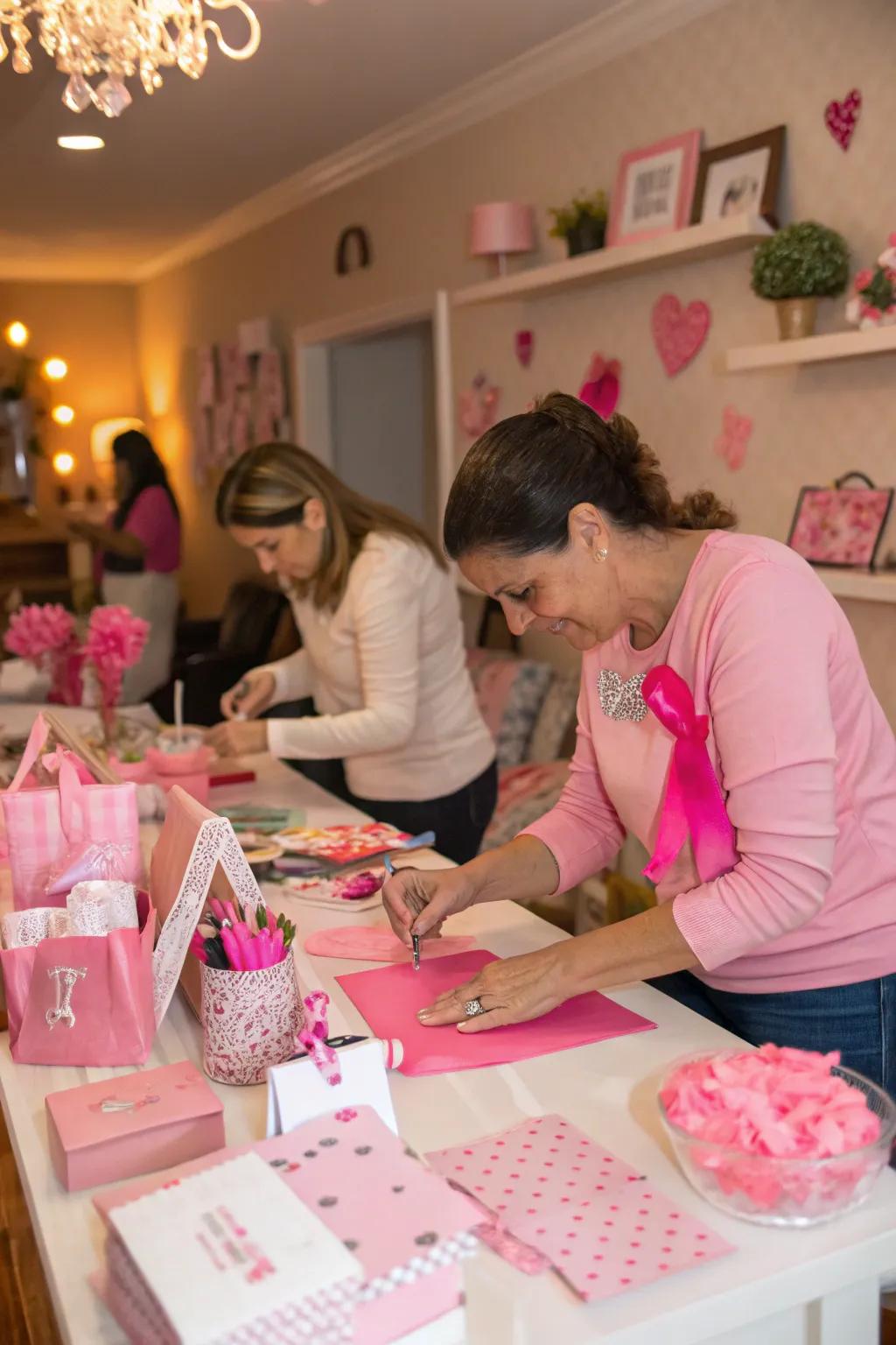 A DIY craft spot allows attendees to create pink-themed souvenirs.
