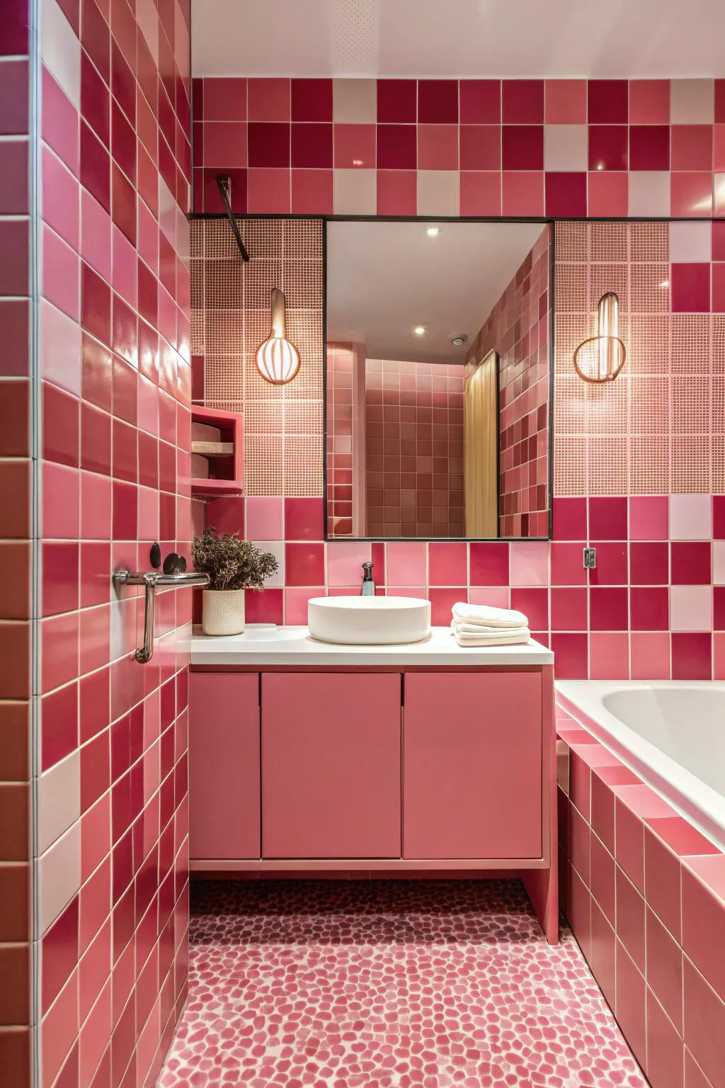 A bold, monochromatic rose bathroom design.