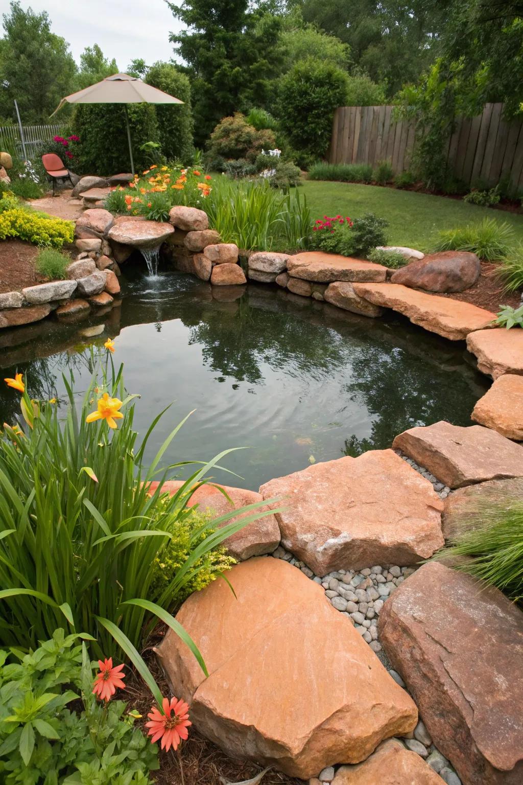 Terracotta-colored stones accentuate a backyard pond.