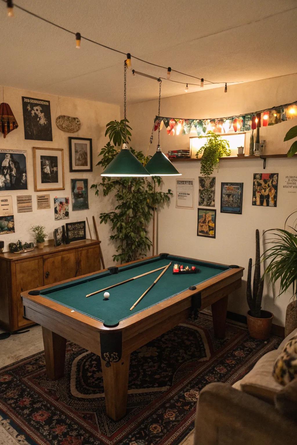 Individual touches render the smaller billiard table area cozy and inviting.