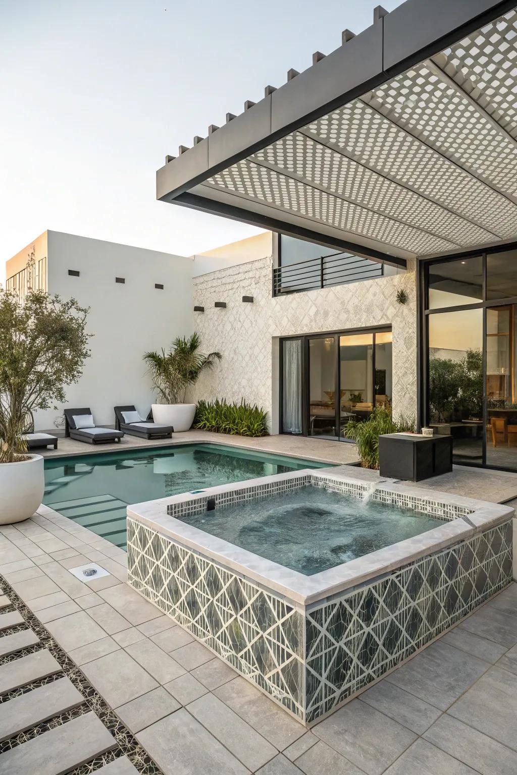 Symmetrical design elements add a modern touch to your pool and hot tub.