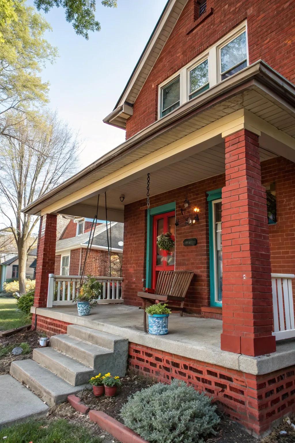 A colorful door adds to a red brick porch.