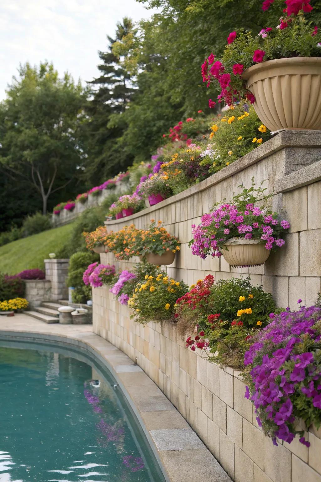 Cascading planters bringing vibrant color to a retaining wall.