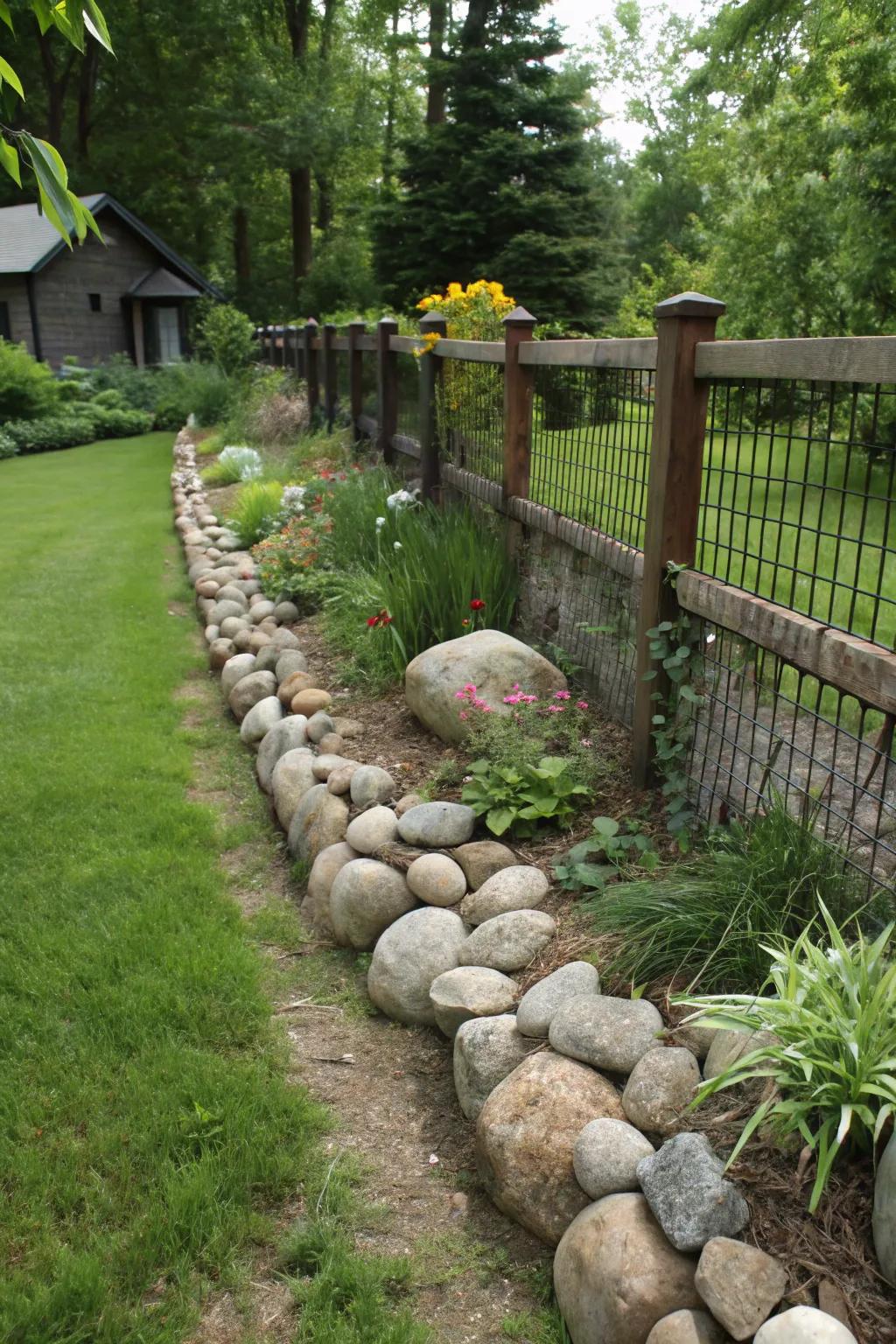 Smooth stones soften and enhance this garden's fence line, adding organic beauty.