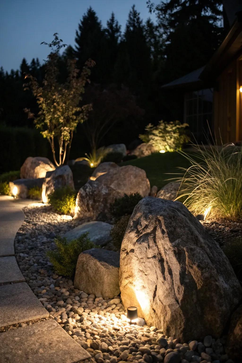 Planned lighting shows off the beauty of a rock garden during the night.