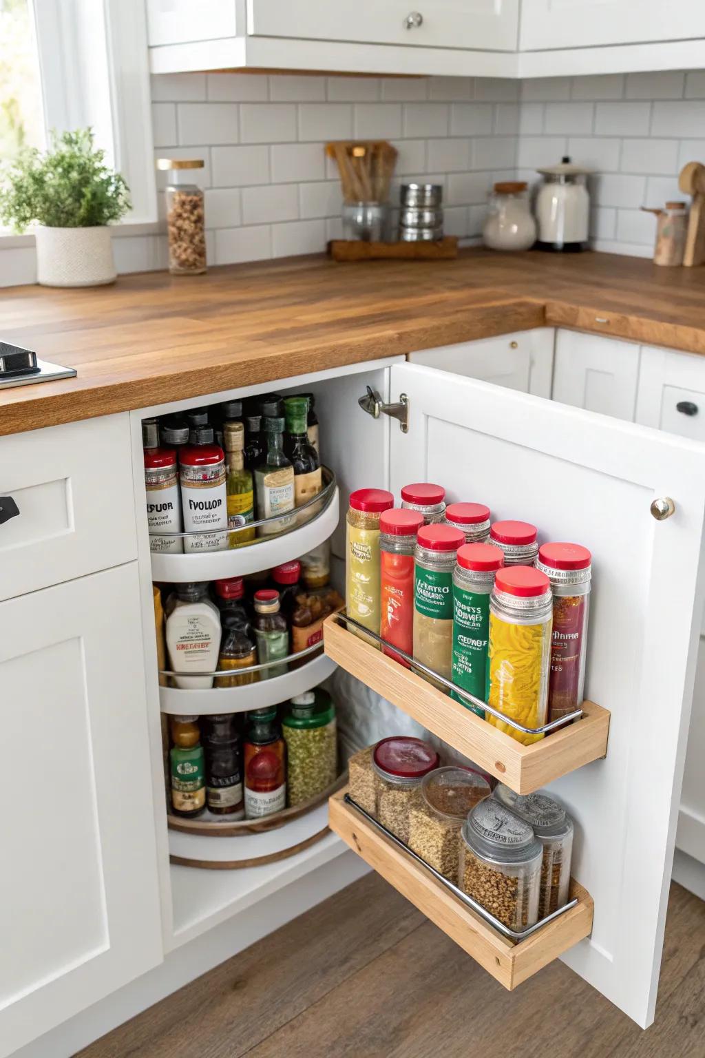 Lazy Susans make cabinet organization simple and efficient.