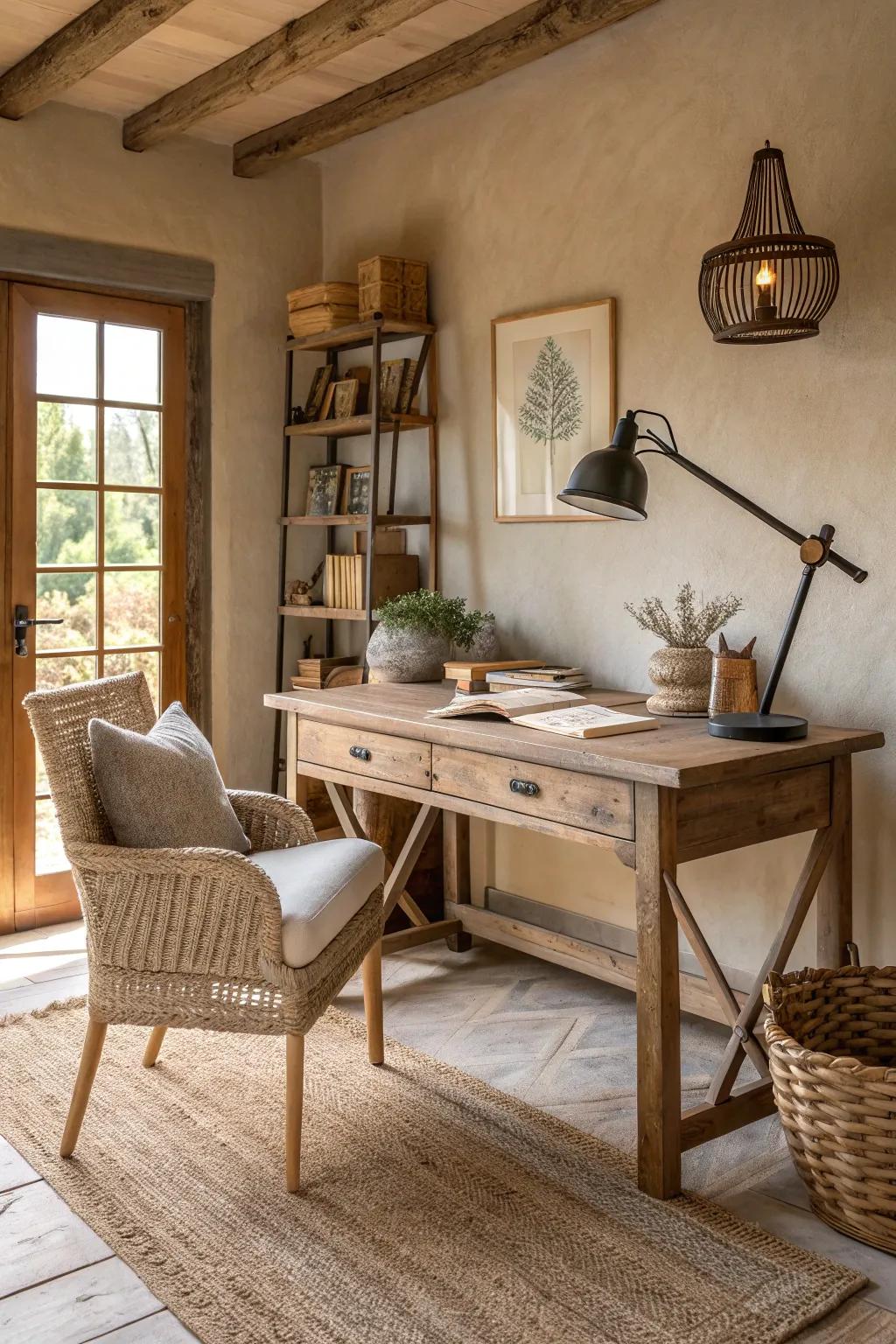 Graded illumination provides both character and functionality in your rustic office.