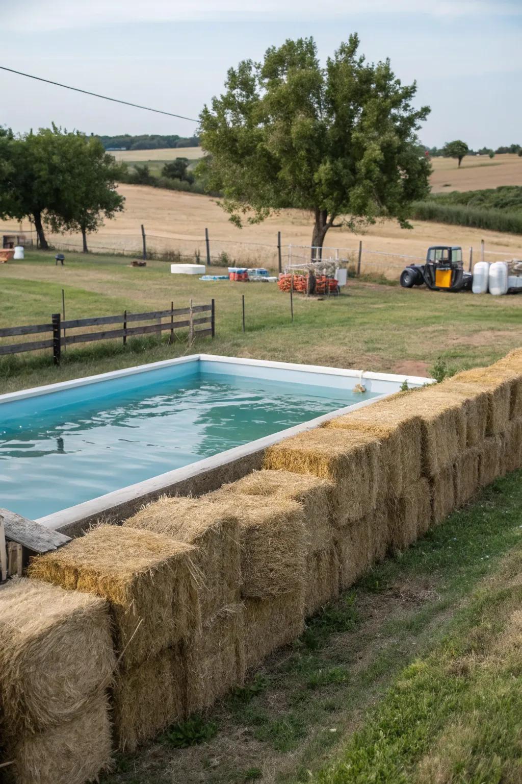 Hay rolls crafting a temporary, rustic farm-style pool fence.