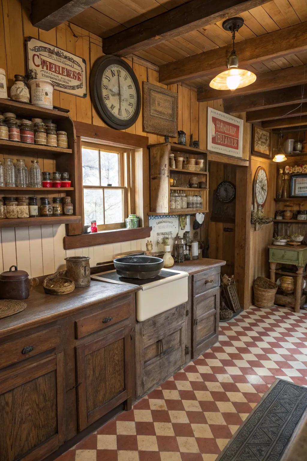 Rustic objects introduce personal history to the kitchen.