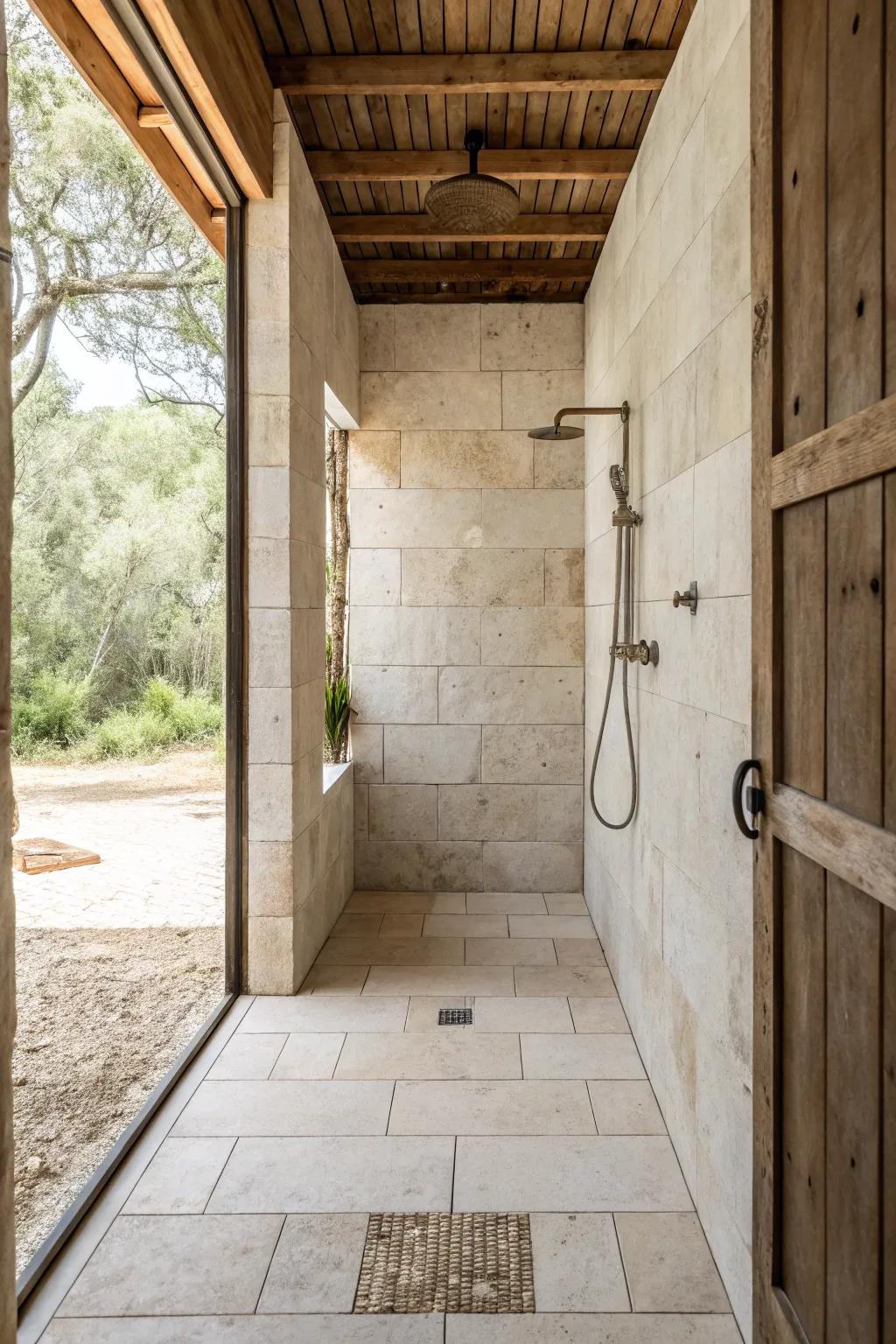 A shower decorated with large format tiling that offers a seamless and expansive visual.