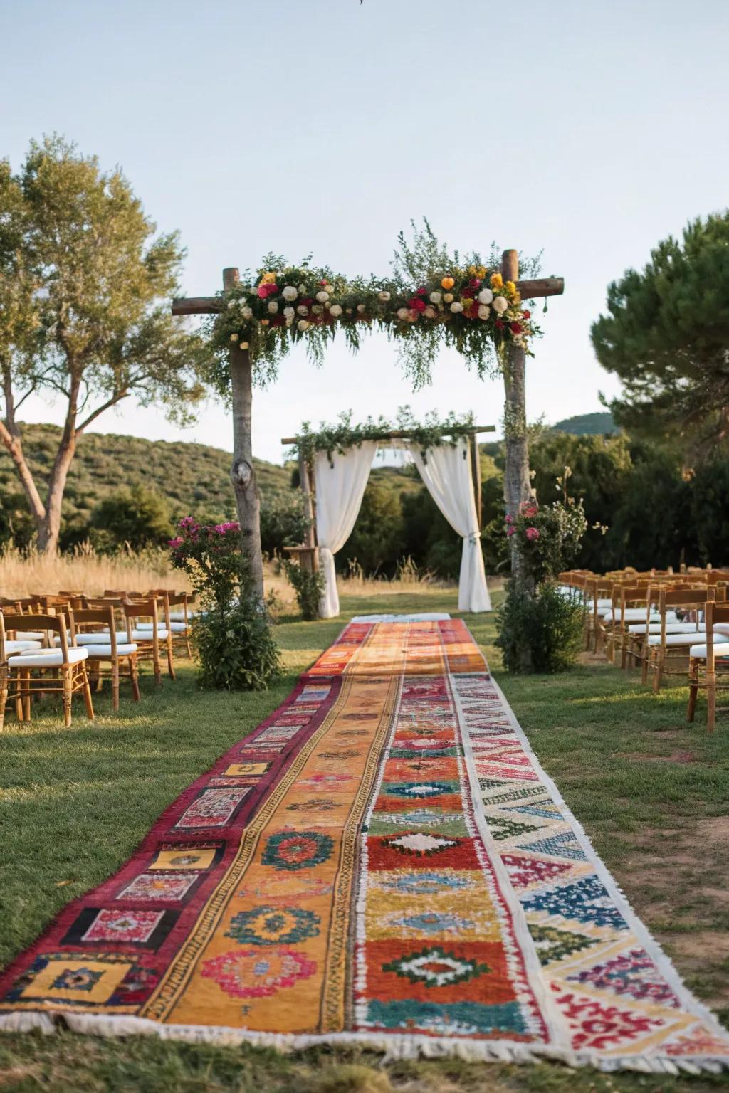 A path of varied carpets leading to a countryside arch, injecting color and texture.