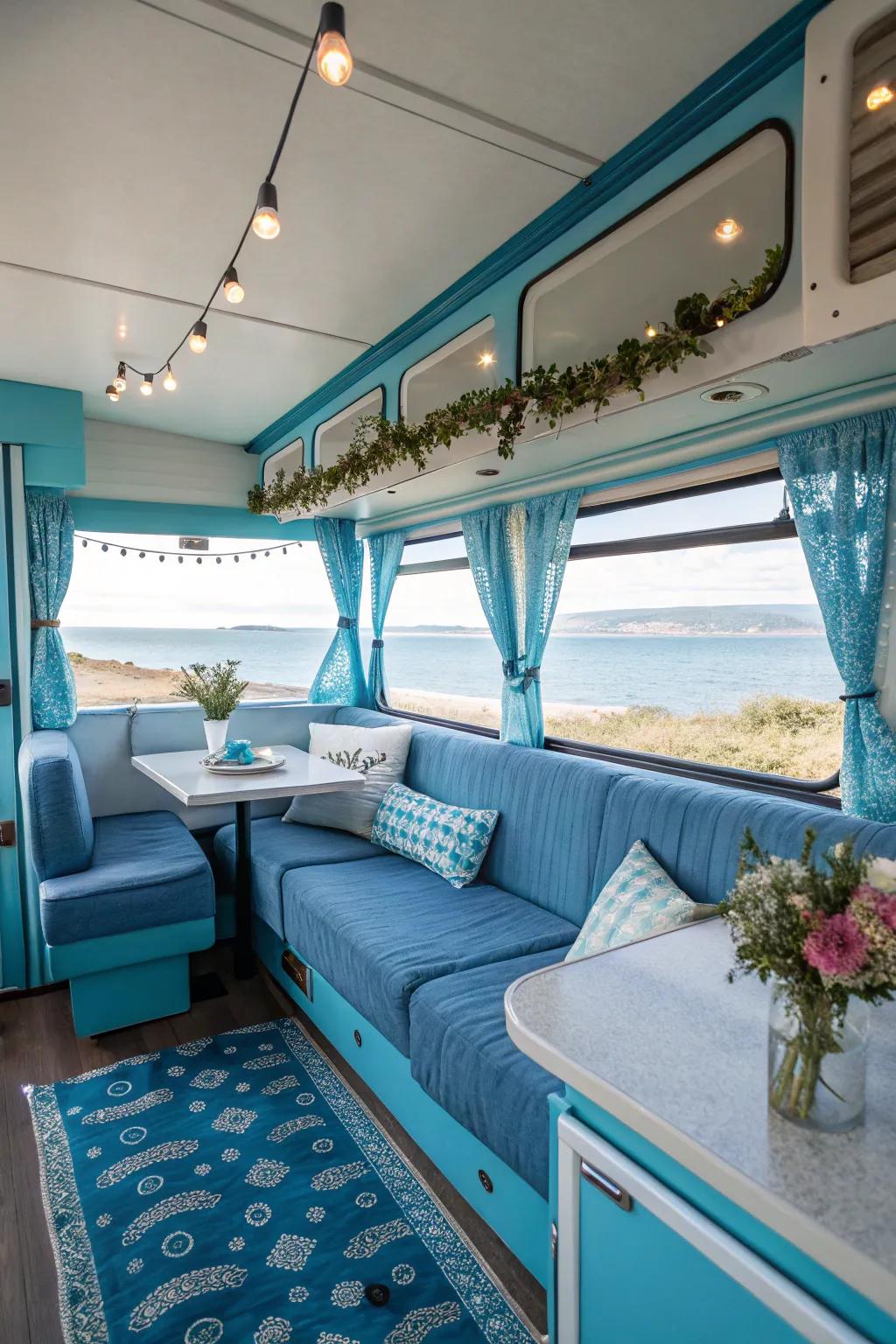Peaceful azure colors fashion a peaceful RV retreat.