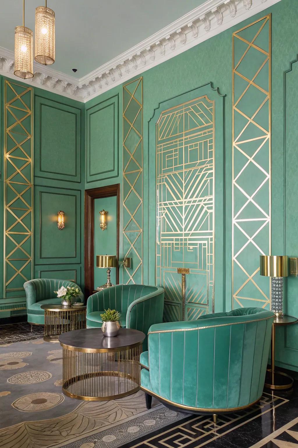 An Art Deco inspired room exhibits elegant seafoam green walls.