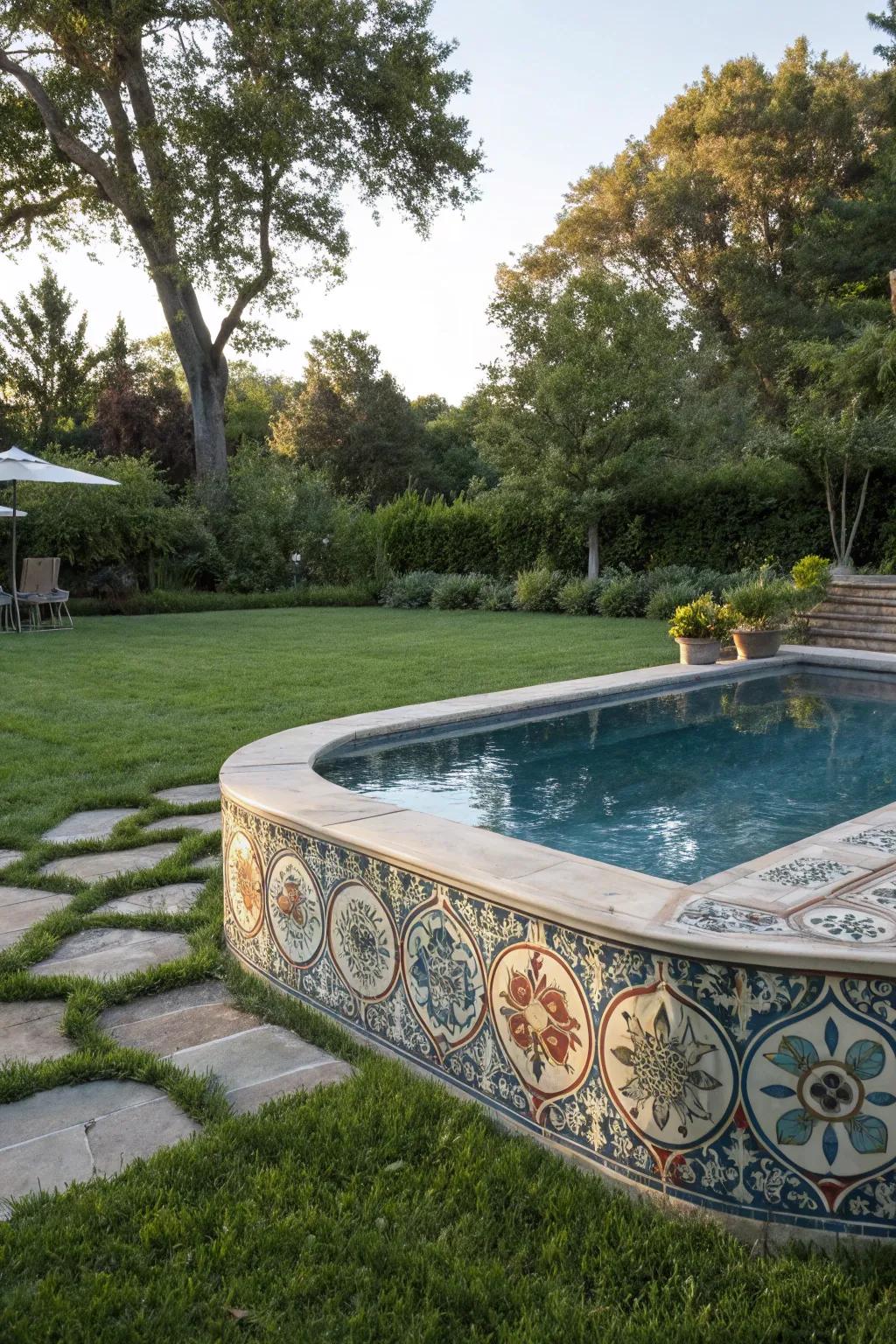 A semi inground pool adorned with bespoke mosaic tile art.