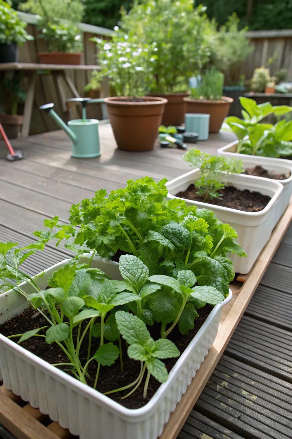 A consumable shadow garden with vessels showcasing sweetleaf and leafy garnish.