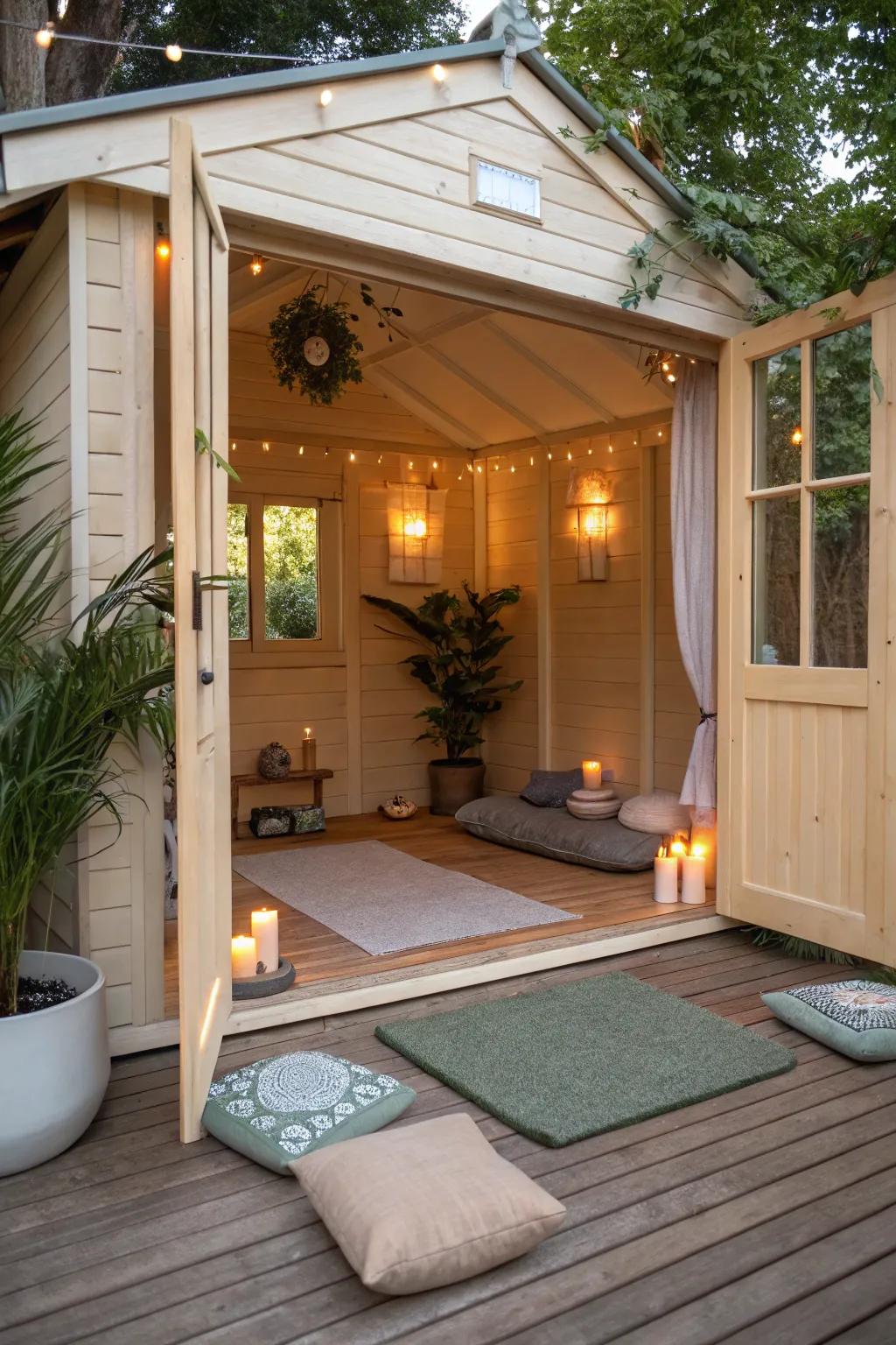 A garden shed converted into a serene meditation expanse.
