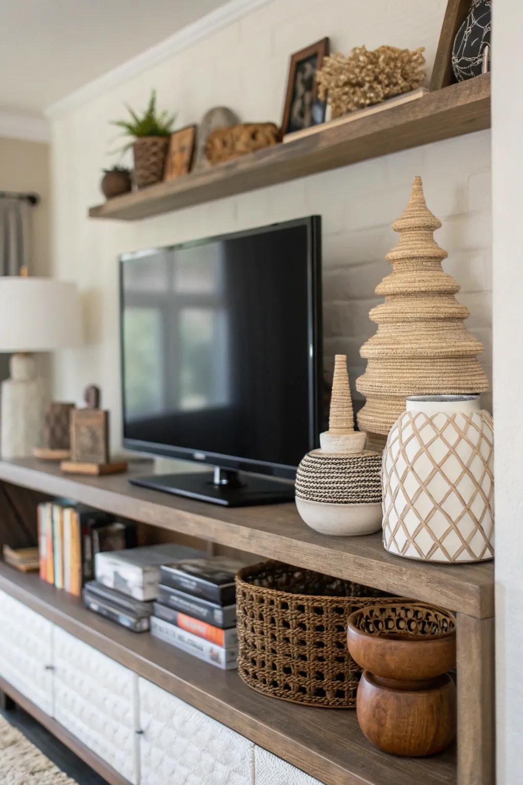 Layered textures cultivate depth and interest above the TV.