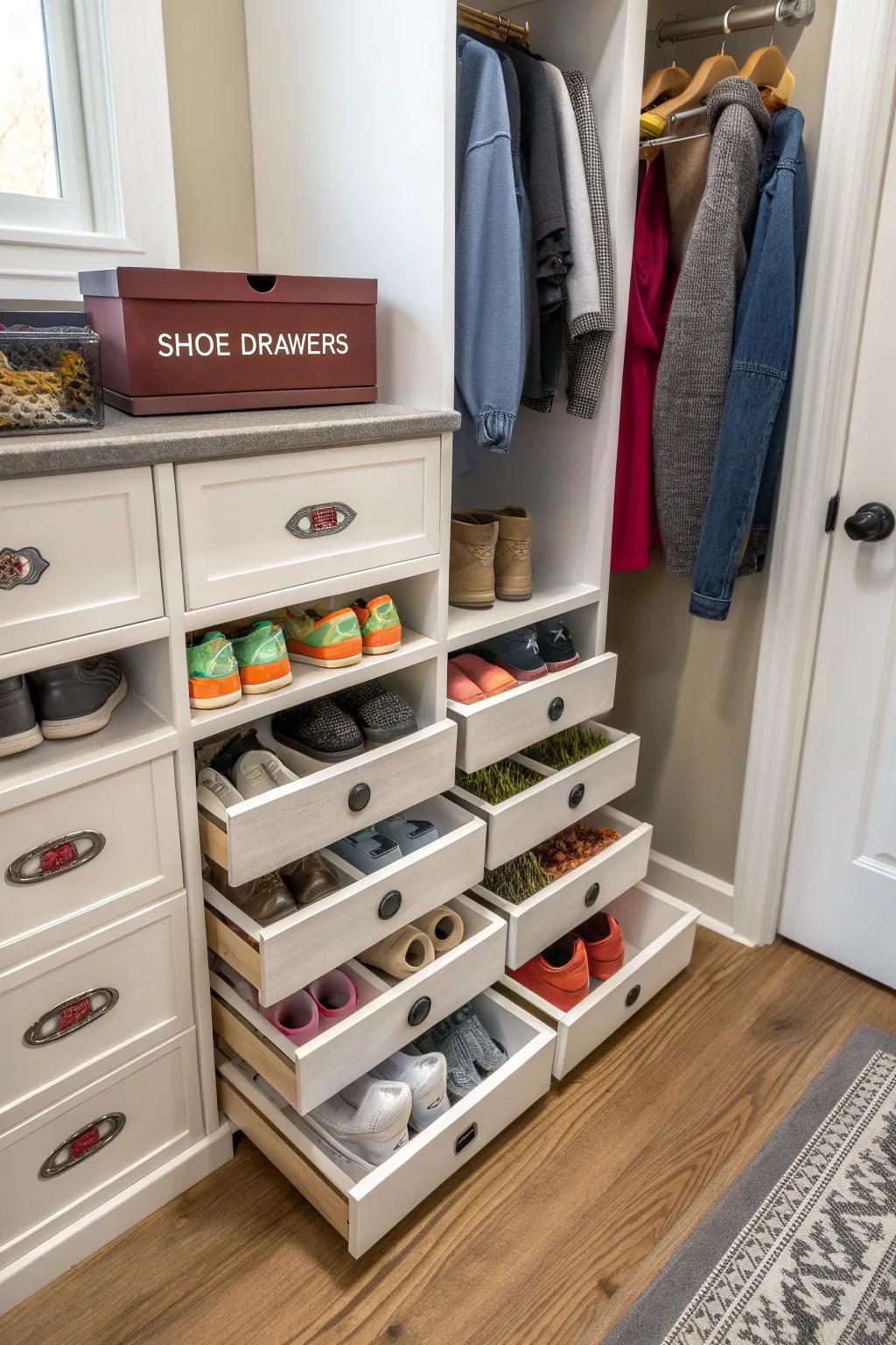 Personalized shoe drawers providing organized storage solutions.