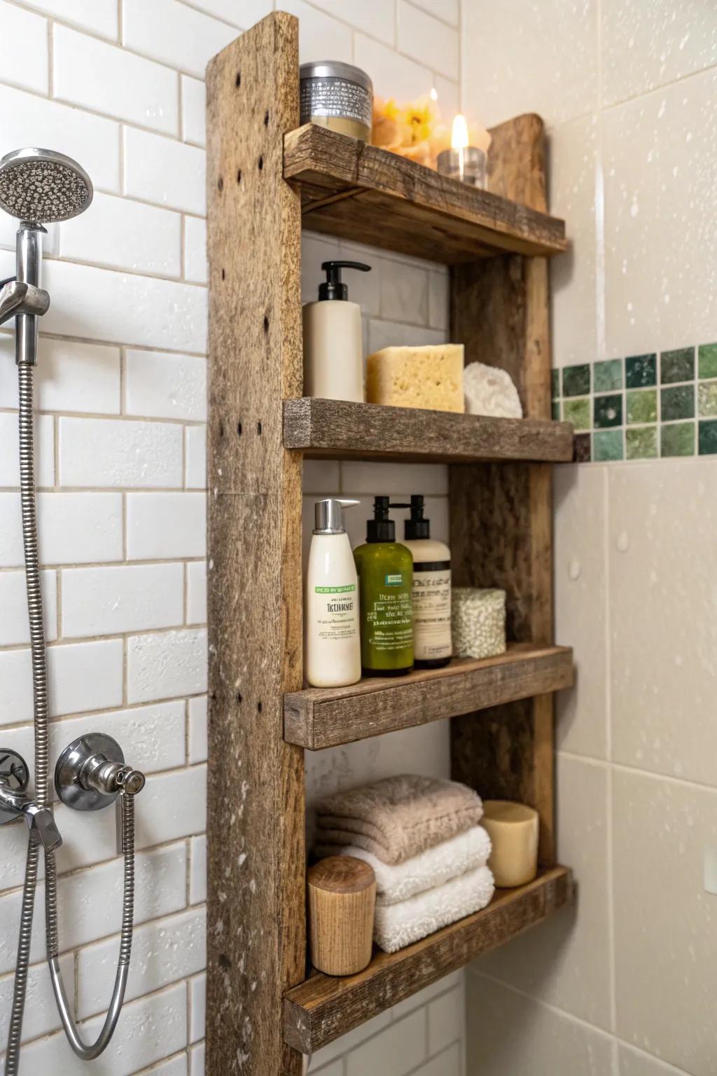 Reclaimed wood adds a sustainable and unique touch to shower storage.