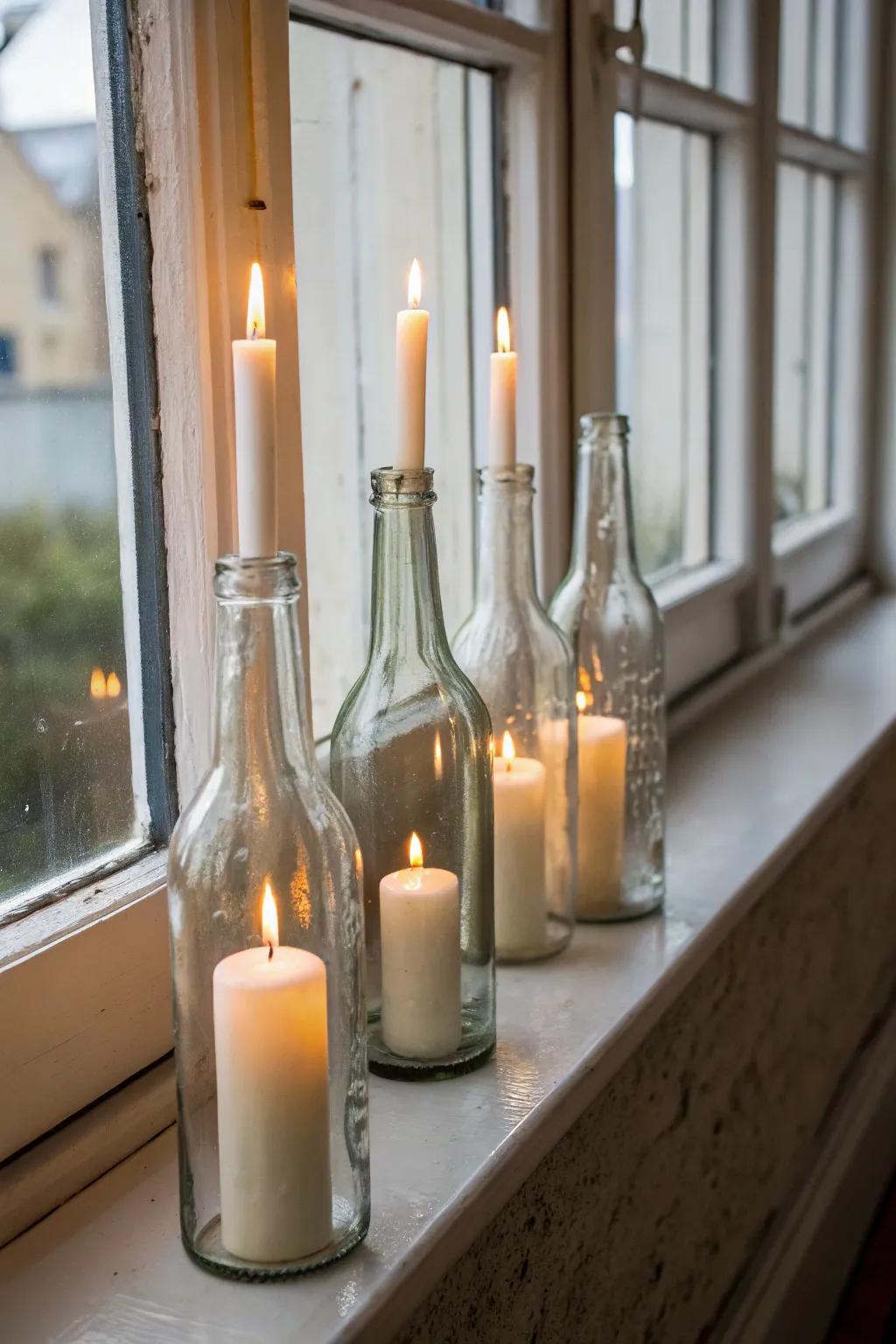 Glass bottle candles are a unique and elegant window display idea.