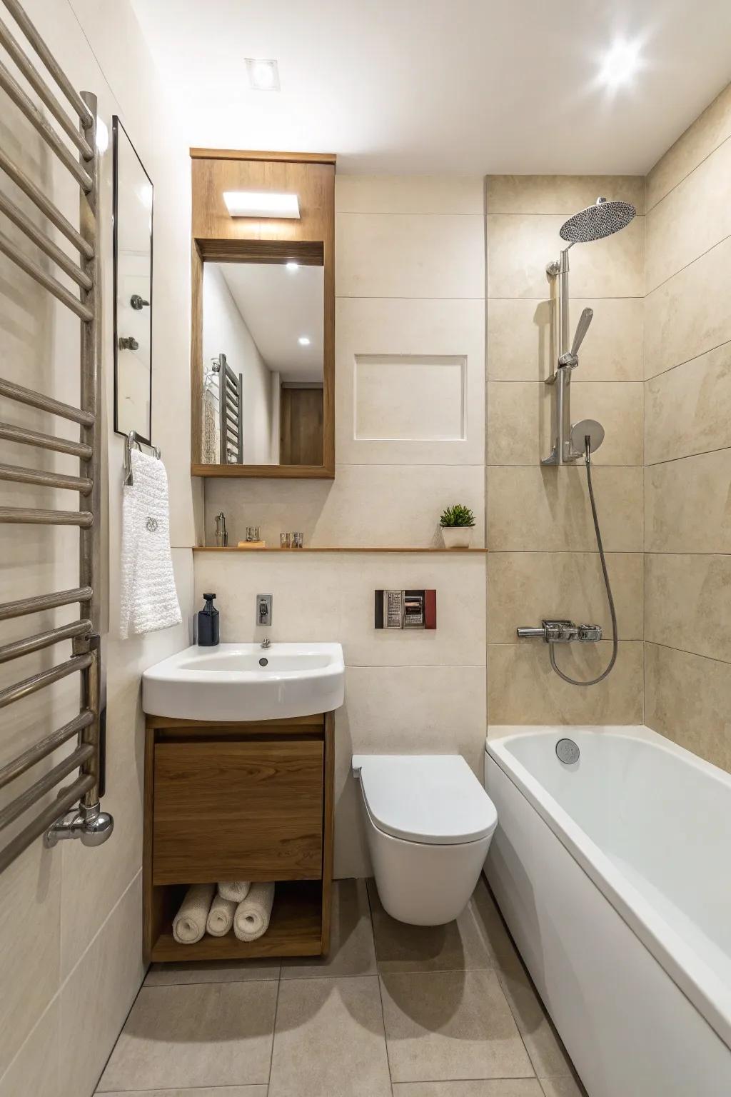 Minimalist fixtures enhance elegance while saving space.