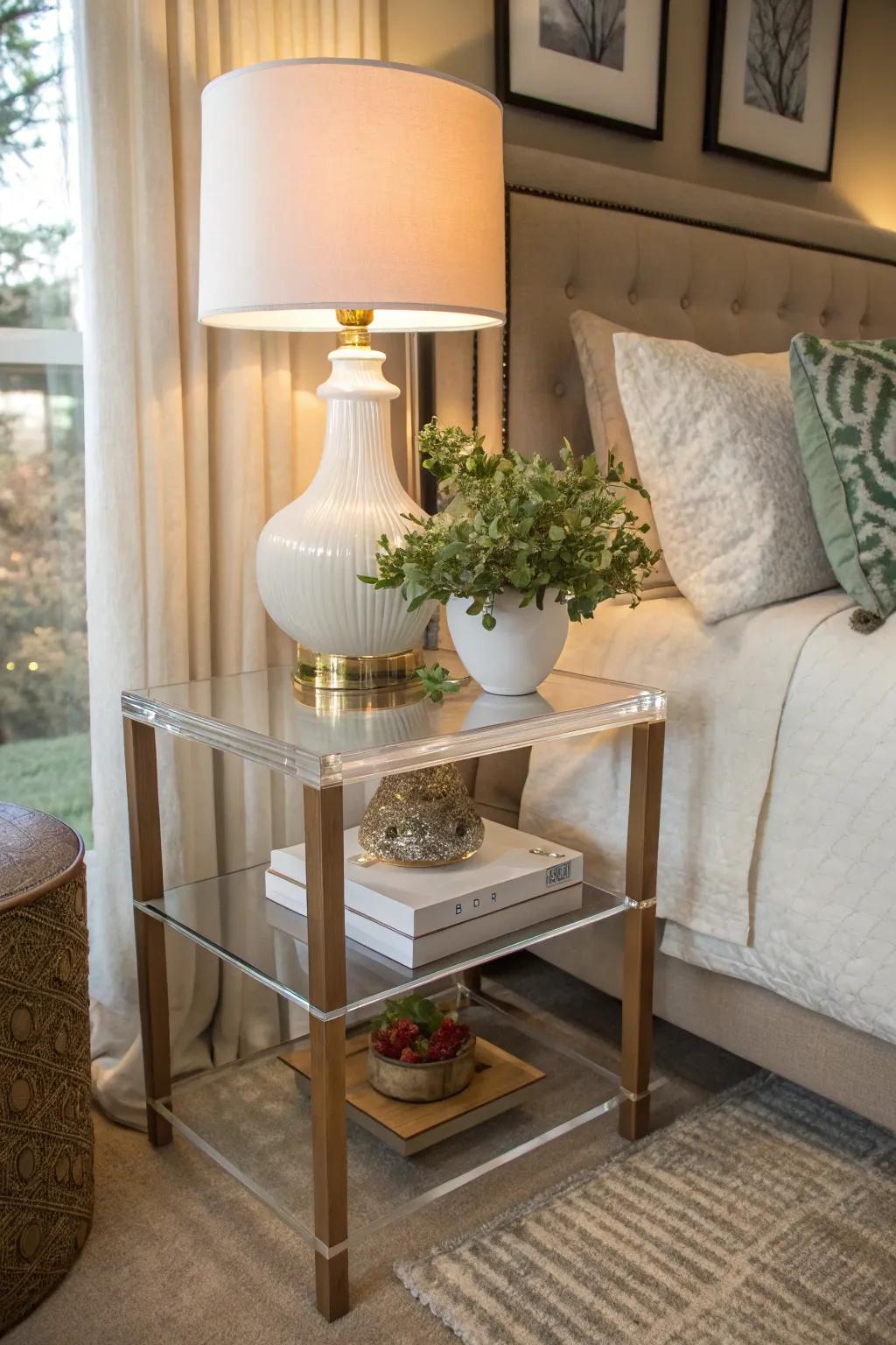 An acrylic side table offers a chic and transparent bedside solution.