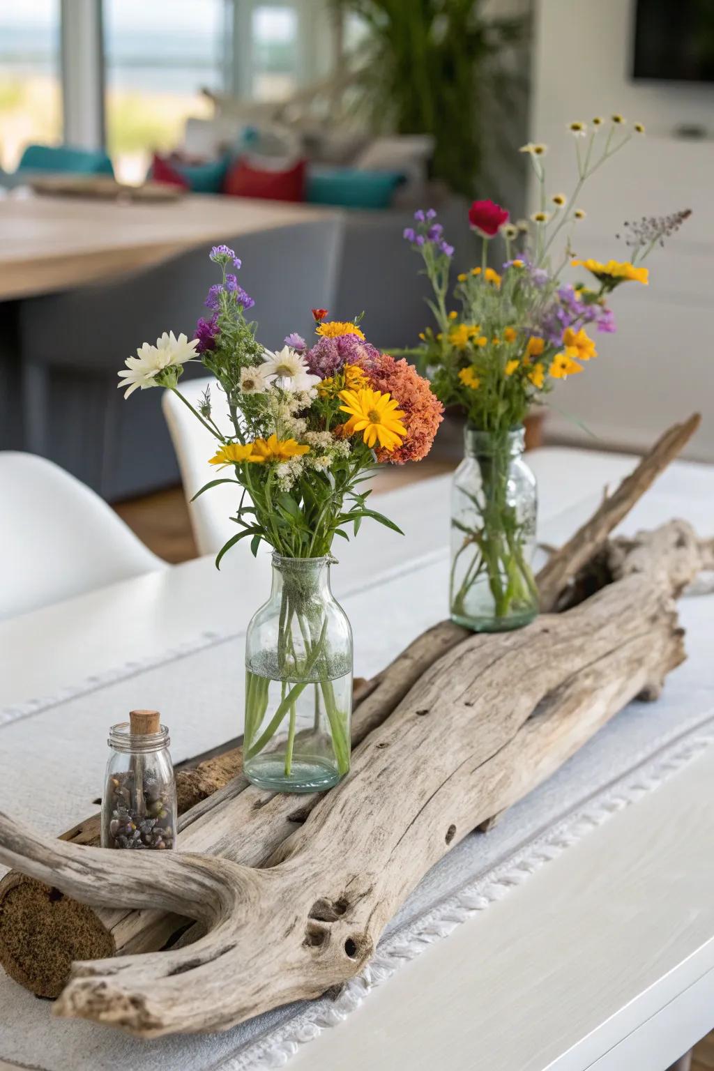 Seaworn wood and wildflowers create a natural and artistic centerpiece.