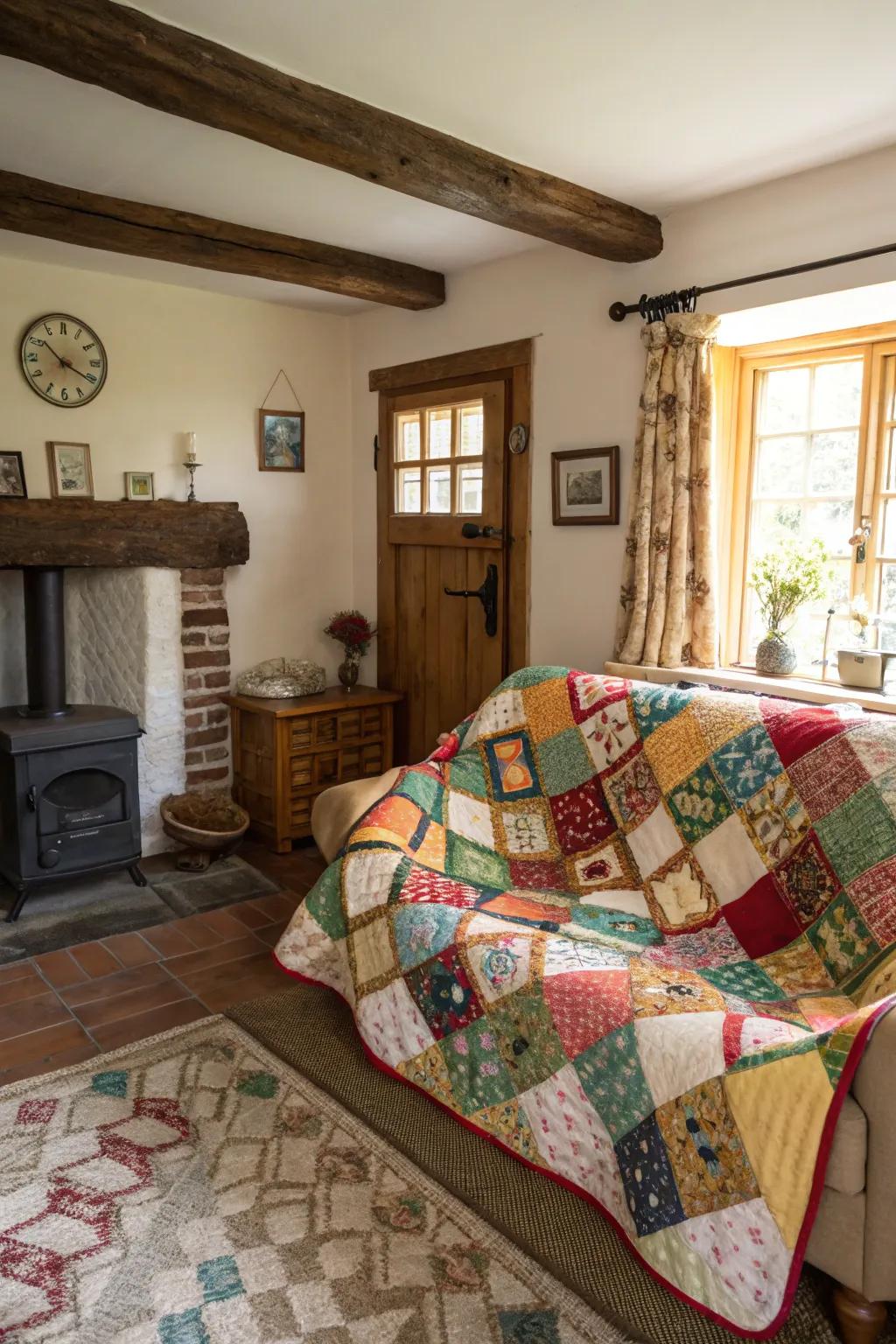 A piecework quilt adds a handmade touch to this cozy living space.