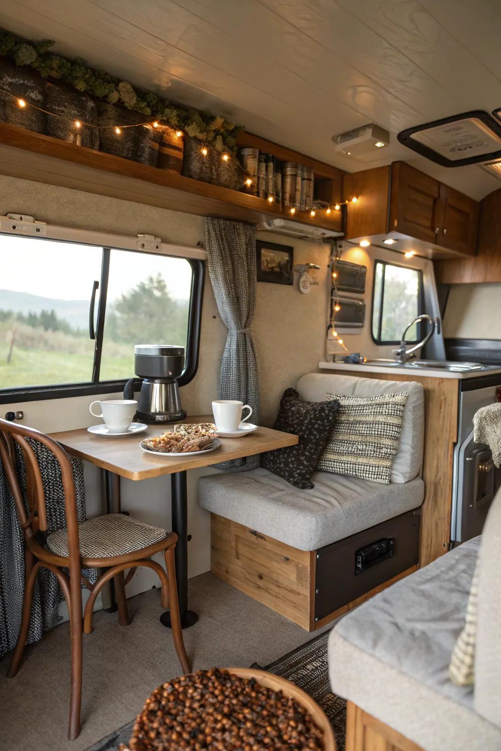 Adding a coffee nook adds a charming and practical touch to your RV.