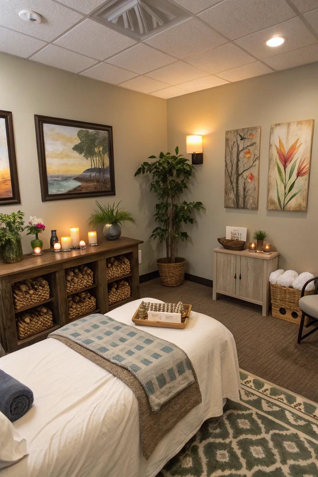 Personal elements like artwork featured in a spa room
