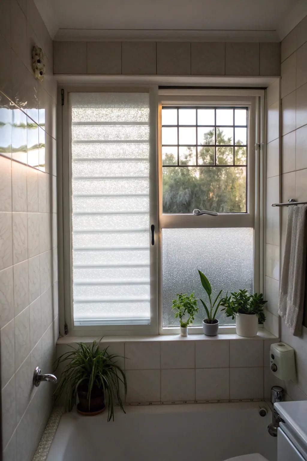 Misted blinds furnish seclusion complemented by illumination.