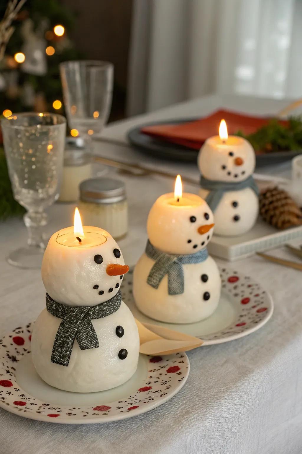 Snowman tea light holders create a cozy ambiance.