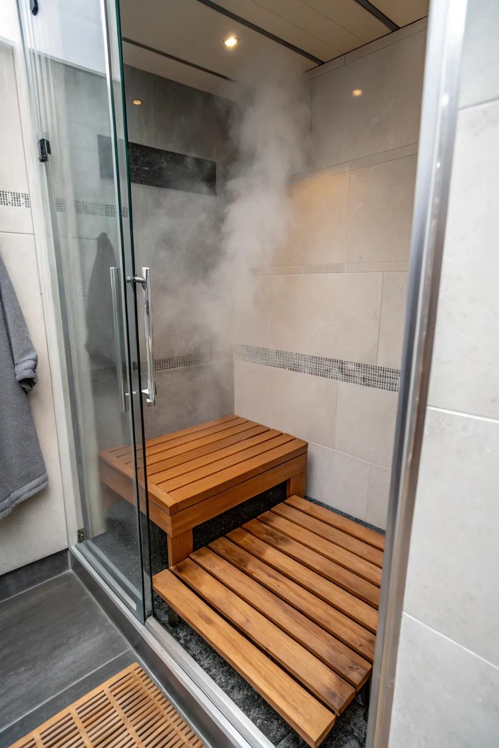 Folding seats offer space-saving comfort in steam showers.