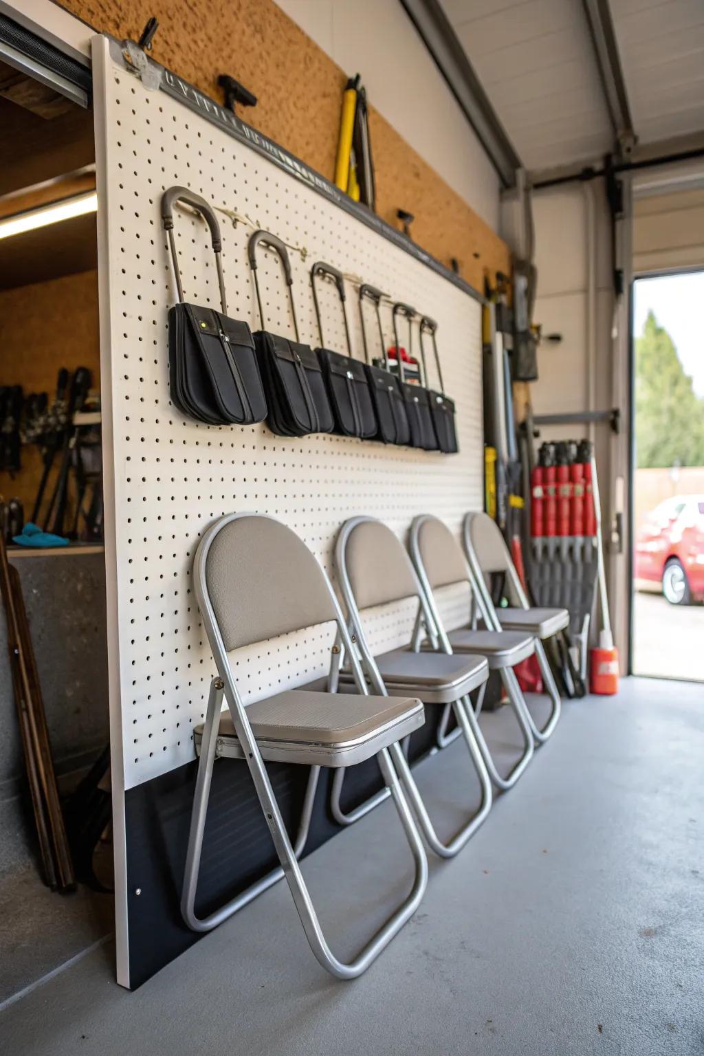 Keep your area tidy using a pegboard for folding chair storage.