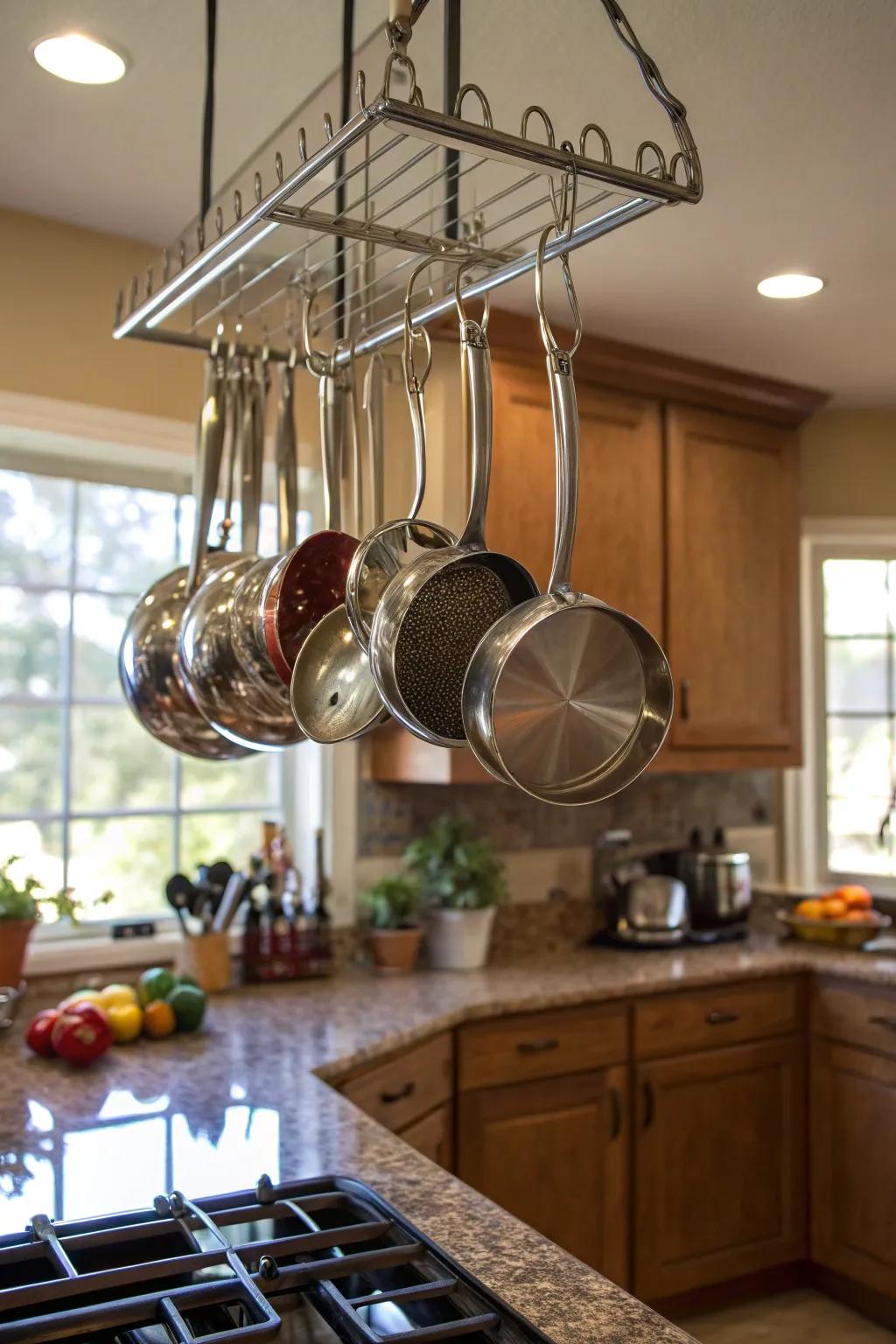 Add rustic charm and functionality with a hanging pot rack.