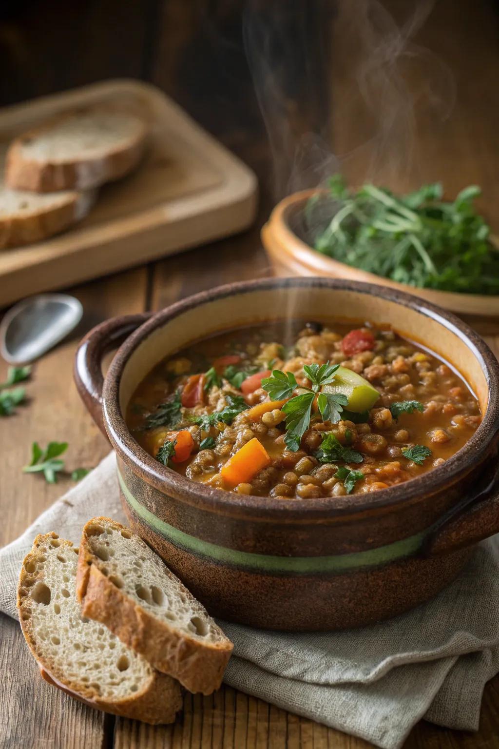 Lentil and veggie stew, hearty and comforting.