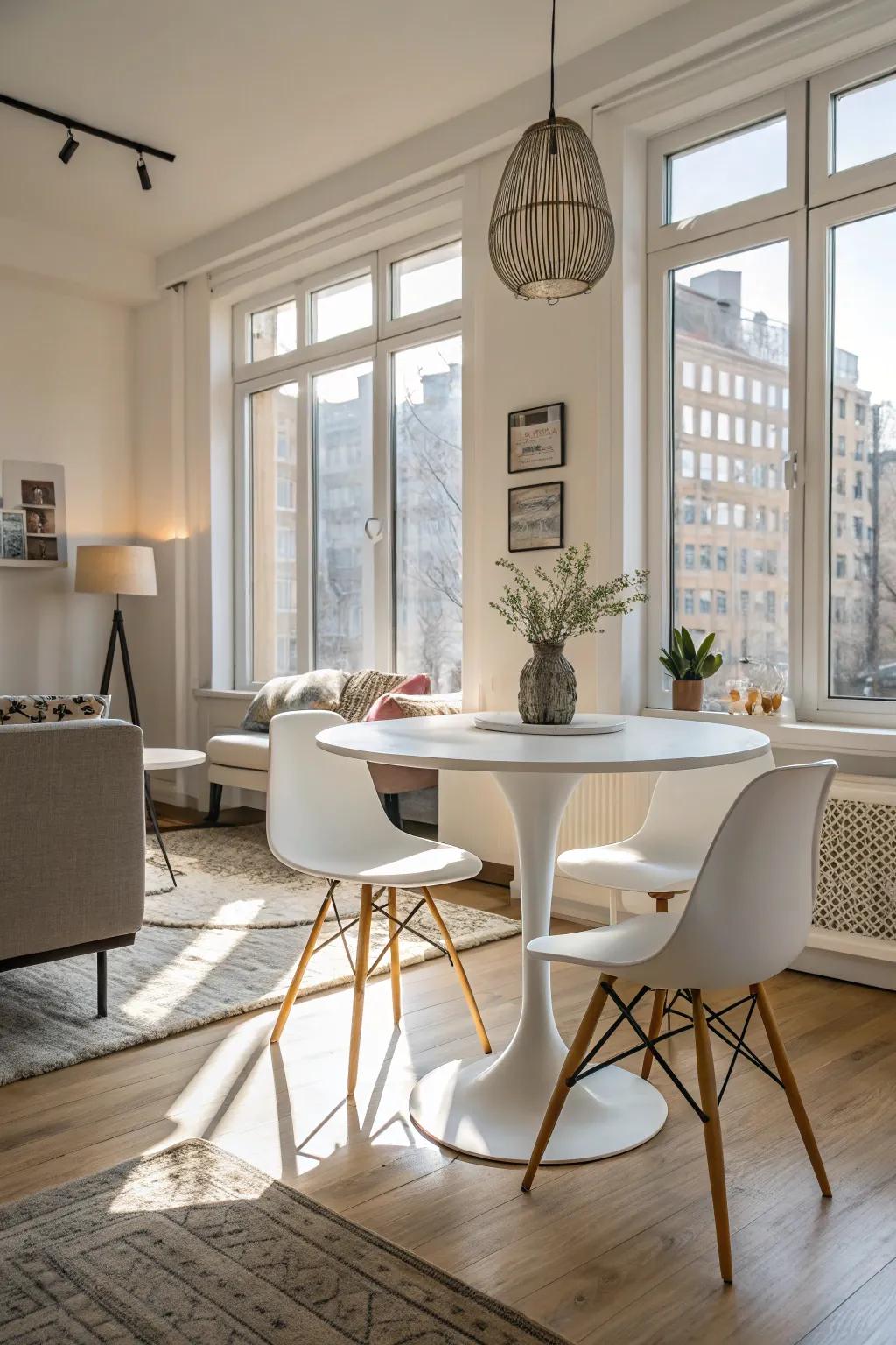 Pedestal tables offer legroom and a spacious feeling.