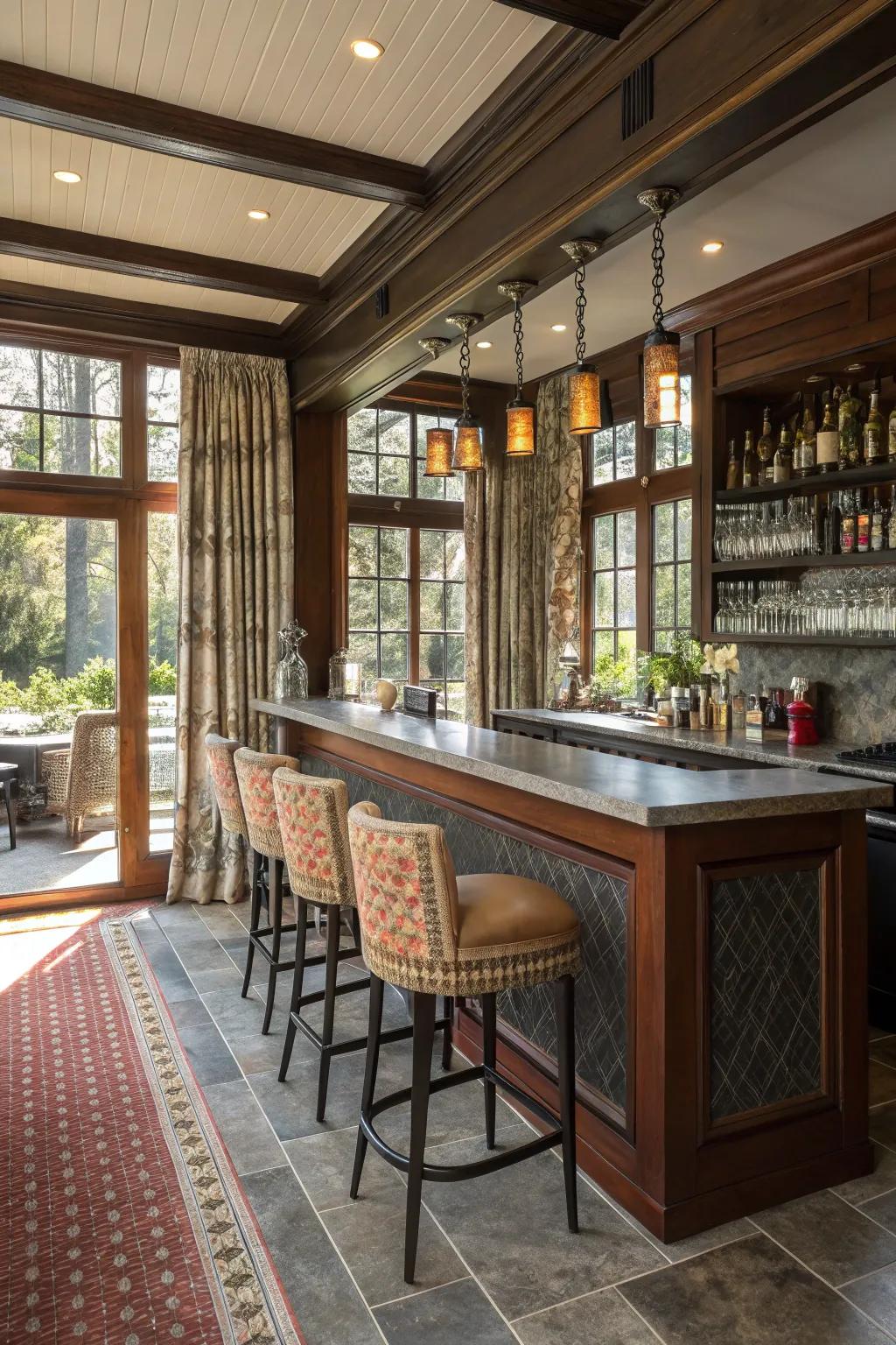Playing with materials adds depth and interest to your sunroom bar.