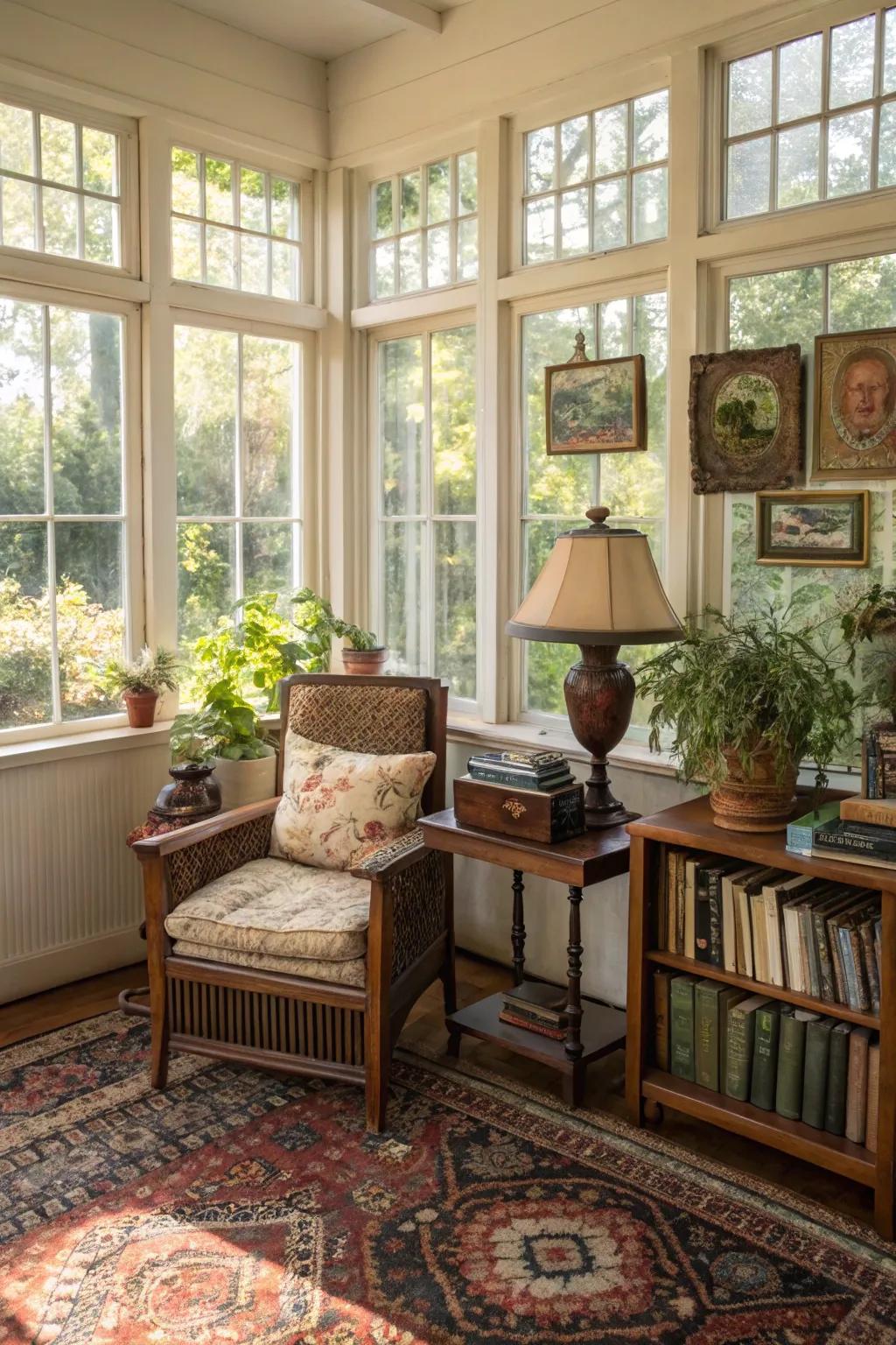 Classic touches bring warmth and nostalgia to the sunroom.
