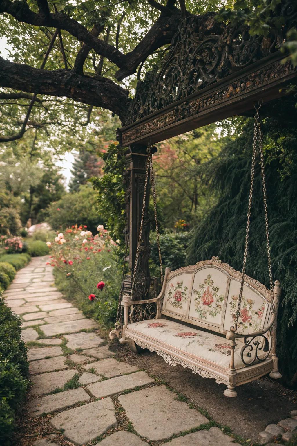 A vintage-inspired swing adds historical charm to the garden.