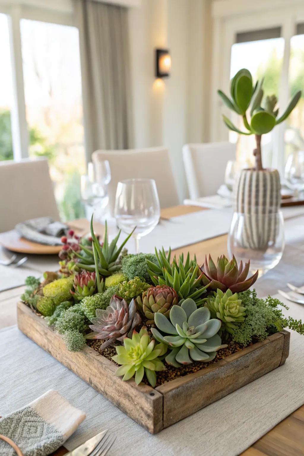 A sustainable centerpiece highlighted by a succulent garden.